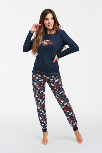 Makala Дамска пижама с дълъг ръкав и дълъг панталон Италианска мода - морско синьо/принт 