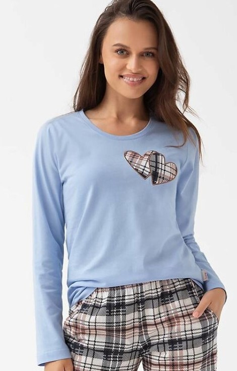 322 Luna blue – дамска памучна пижама, сърца, дълъг ръкав, панталон на каре