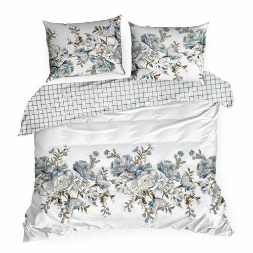 Пролет 40 Цветя спално бельо сатен евро пердета бяло/тюркоаз