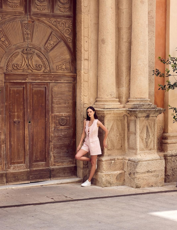 Пижама Felicity Sensis бяло-розова лен памук райе