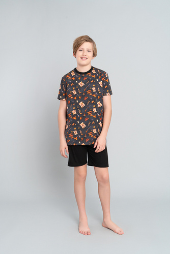 Пижама за момчета с къс ръкав, панталон Италианска мода - графит/черно