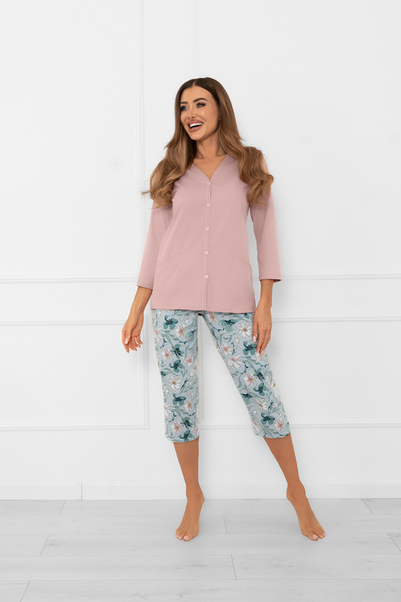 Дамска пижама Sekwoja - памучна, с 3/4 ръкав и панталон, с копчета Италианска мода  