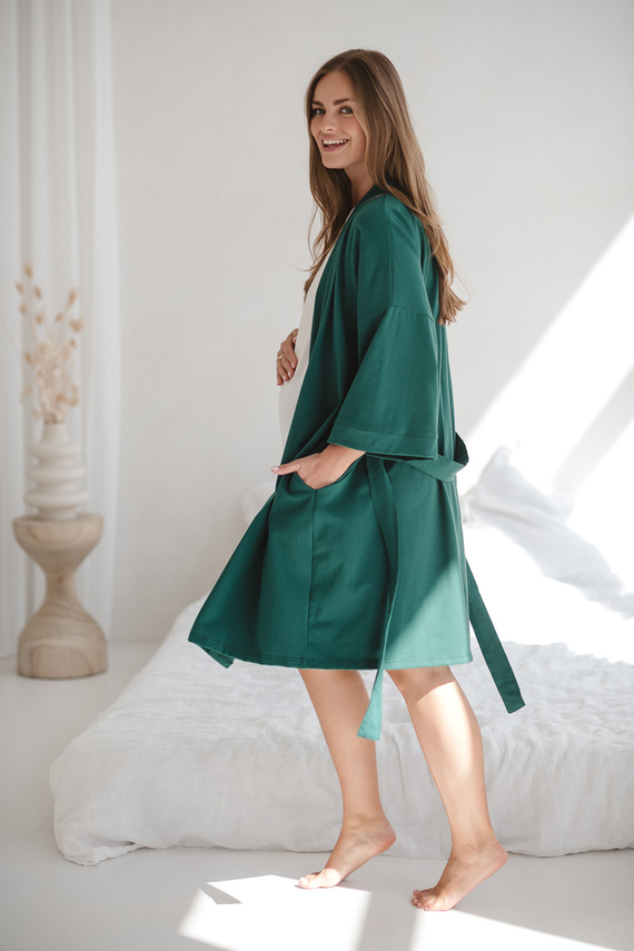 Халат за бременни Milk&amp;Love, бутилково зелен – памук с еластан, удобен, 7/8 ръкави