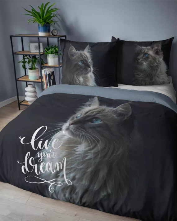 5296 Холандска памучна постелка Cat Live your Dream Detexpol черен