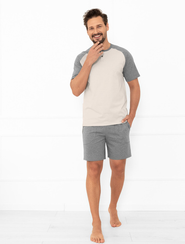 Мъжка пижама Alexander Italian Fashion в бежово - къси ръкави и къси панталони, 100% памук