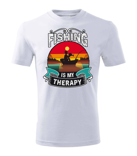 SKU M31 Бяла памучна тениска Moocha Fishing Therapy за риболовец с щампа