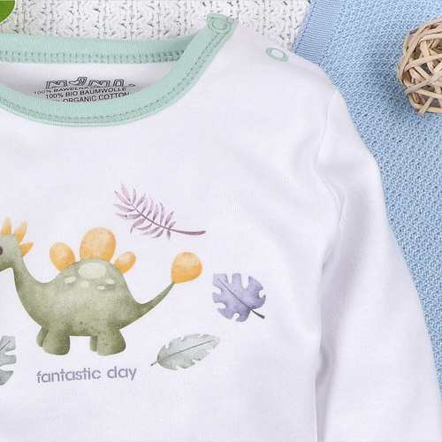 ABN-5565 Боди от органичен памук Dino Explorer, бяло, Nini – органичен памук, дълъг ръкав