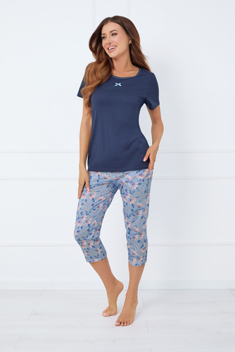 Amara Дамска пижама с къс ръкав и 3/4 панталон Италианска мода - морско синьо/принт