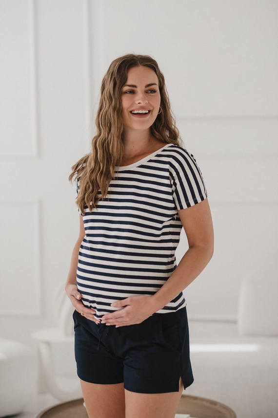 Two Ways двустранна блуза за бременни и кърмене | Къс ръкав, удобно Milk&Love морско синьо и бяло райе