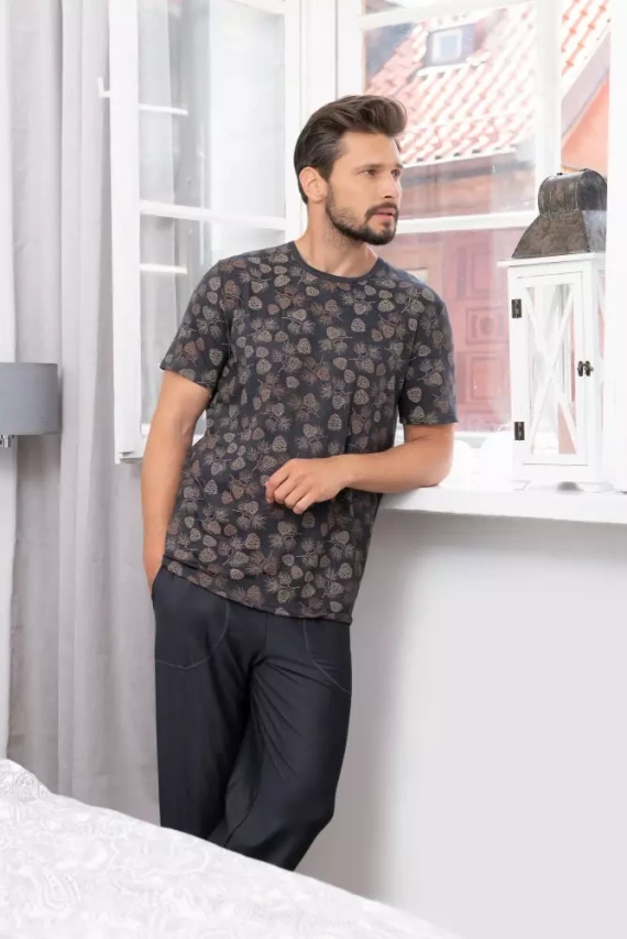 Pinus Пижама Мъжка с къс ръкав и дълъг панталон Италианска мода - принт/графит