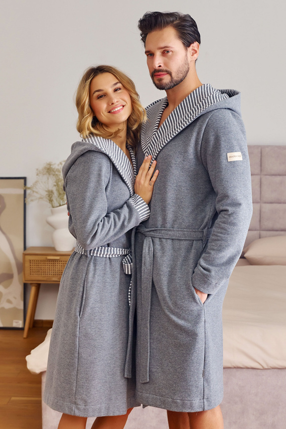 7229 Дамски халат Doctor Nap - памук, качулка, елегантни покрития - тъмно сив