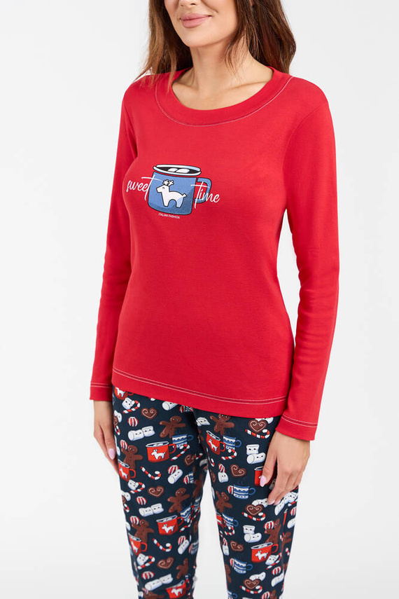 Makala Дамска пижама с дълъг ръкав и дълъг панталон Италианска мода - червено/принт 