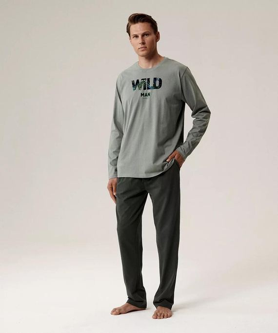 Мъжка пижама NMP-392 Atlantic - зелено/каки памук, дълъг ръкав, стилен комплект за студените нощи