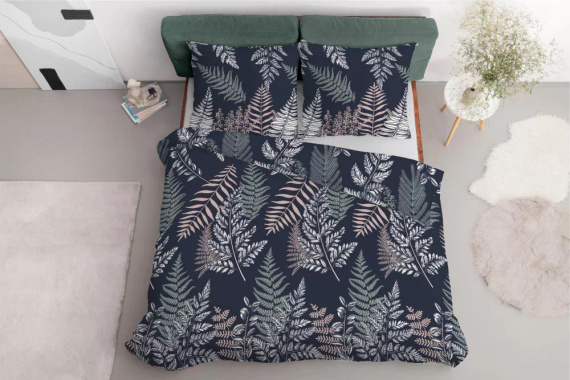 5036 A Спално бельо от микрофибър Detexpol с папратови листа, тъмносиньо