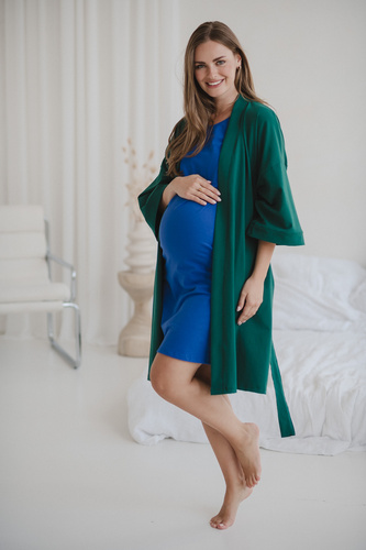 Халат за бременни Milk&amp;Love, бутилково зелен – памук с еластан, удобен, 7/8 ръкави