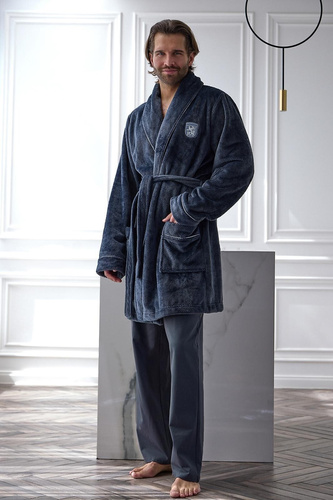 L&L Elegant 2664 Мъжки къс халат от вафлен плат, мек с яка, графитен