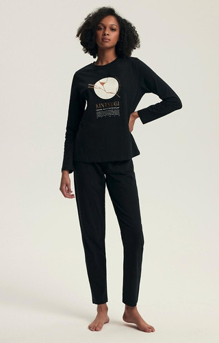 43727 Дамска пижама Dairoku Henderson, черна - памук, с дълъг ръкав и панталон