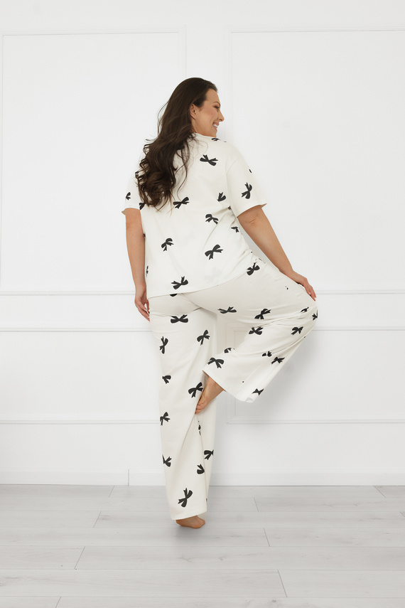Дамска пижама Figaro - екрю, памук, къс ръкав + дълъг панталон Италианска мода  