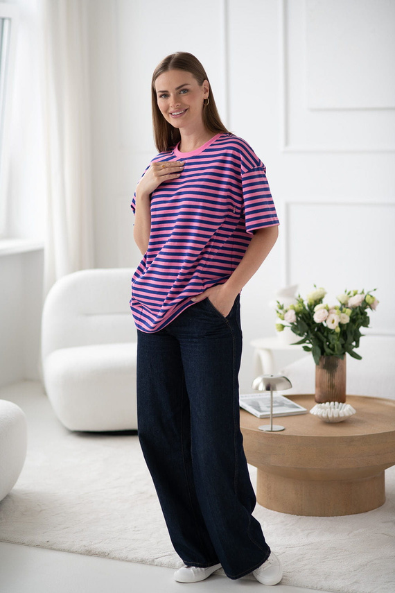 Тениска за бременни и кърмачки Mamahood Milk&Love на розово и синьо райе - удобна и стилна