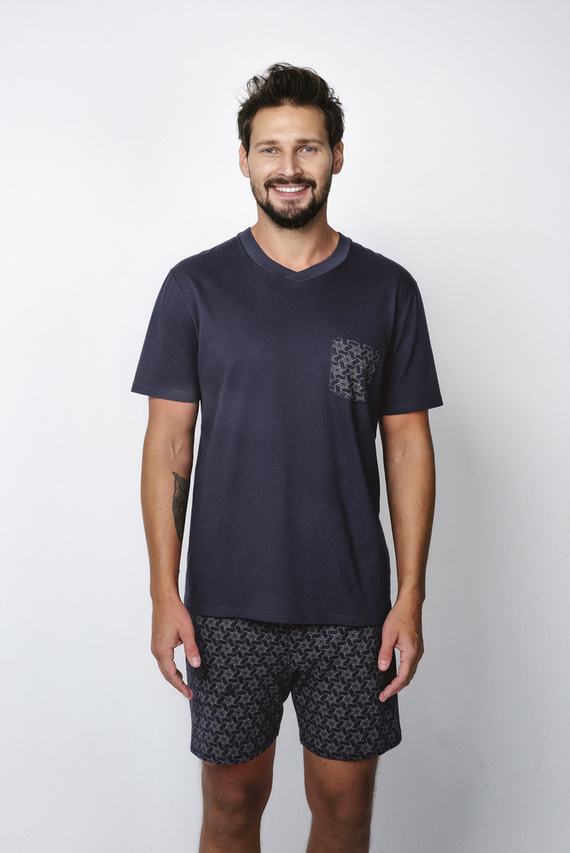 Diaz Мъжка пижама с къс ръкав, къси панталони Италианска мода - морско синьо/принт