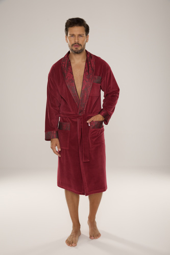 868 Благороден мъжки велурен халат De Lafense - елегантен, мек, първокласен, цвят бордо
