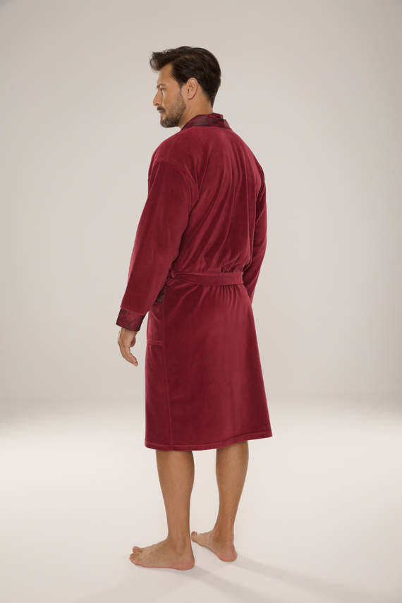 868 Благороден мъжки велурен халат De Lafense - елегантен, мек, първокласен, цвят бордо