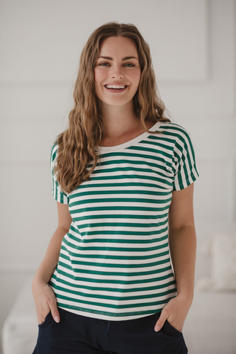 Two Ways двустранна блуза за бременни и кърмене | Къс ръкав, удобни зелени и бели райета Milk&Love
