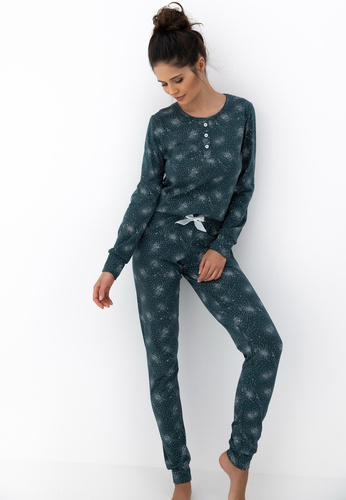 Дамска пижама Ellison Sensis, зелена - памучна пижама с дълги ръкави и оребрени маншети