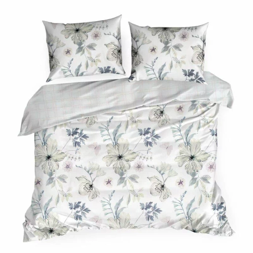 Пролет 37 Цветя спално бельо сатен евро пердета бяло/зелено