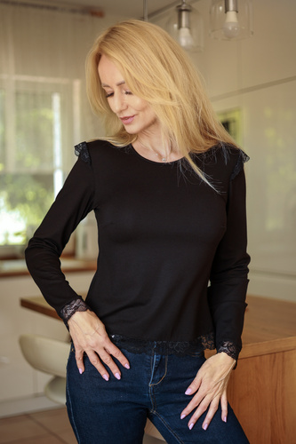 Mirale Ivy дамска вискозна блуза с дантела, елегантна, с дълъг ръкав - черна