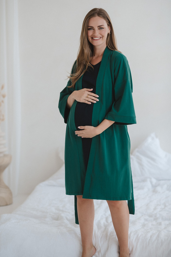 Халат за бременни Milk&amp;Love, бутилково зелен – памук с еластан, удобен, 7/8 ръкави