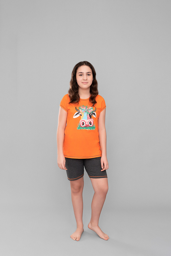 Италианска мода - оранжево/тъмен меланж, пижама за момичета