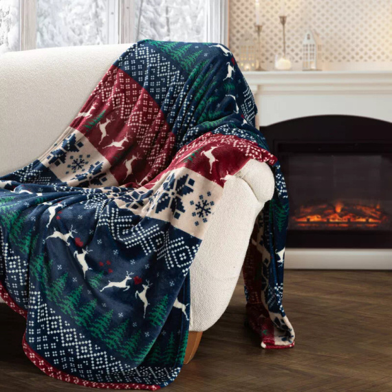 Коледно одеяло Eurofirany, тъмносиньо и червено със скандинавски мотив – меко одеяло от микрофибър, 240 г/м²