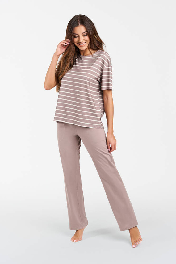 Betty Дамска пижама с къс ръкав и дълъг панталон Италианска мода - капучино/принт капучино