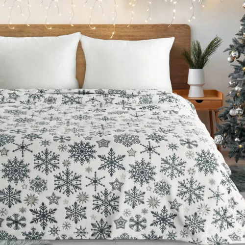 Коледно одеяло Eurofirany, бяло, тъмносини снежинки – меко микрофибърно одеяло, 240 г/м²