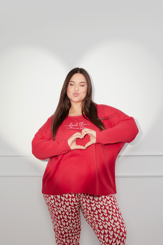 Evora Дамска пижама с дълъг ръкав и дълъг панталон Италианска мода - червено/принт