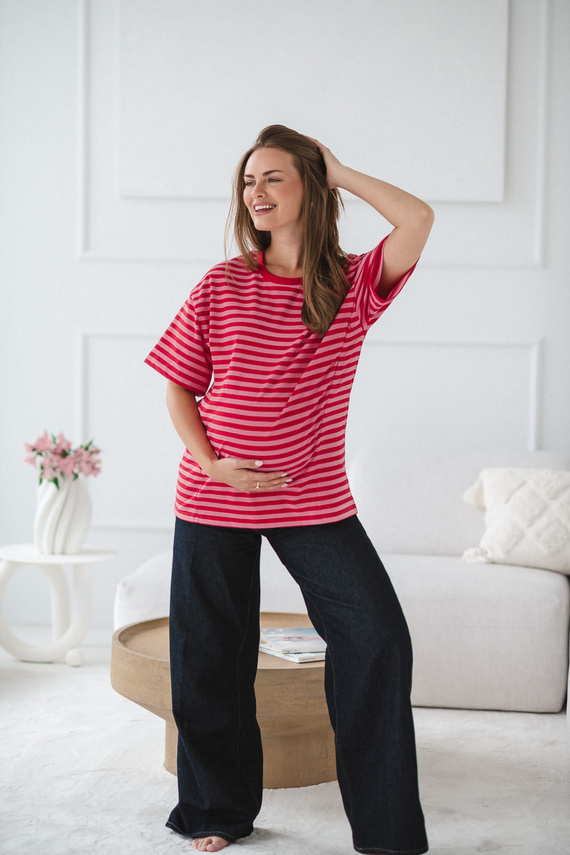 Тениска за бременност и кърмене Mamahood Milk&Love, червено и розово райе – удобна и стилна
