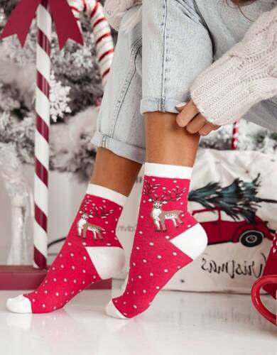 1283-021 Милена Коледни дамски чорапи еленчета - червени