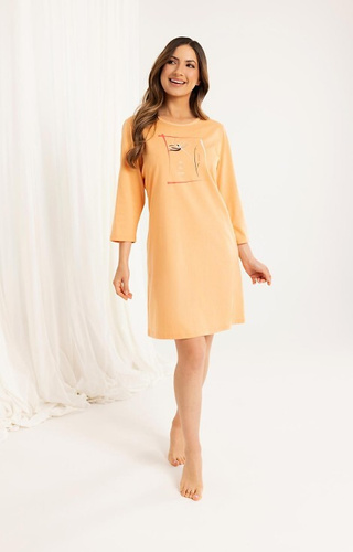 166 Кайсиева памучна дамска риза - 3/4 ръкав, щампа, дължина до коляното