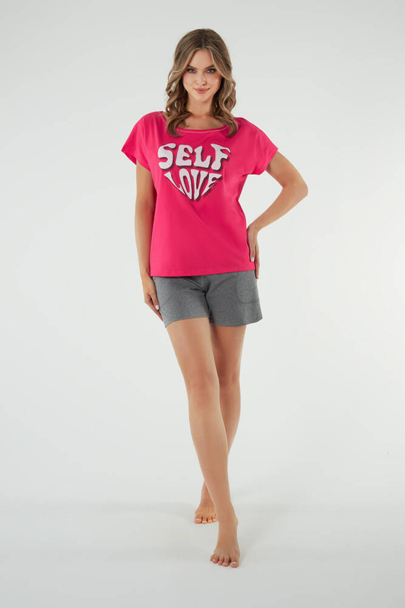 Selfie Дамска пижама с къс ръкав, къси панталони Италианска мода - амарант/меланж