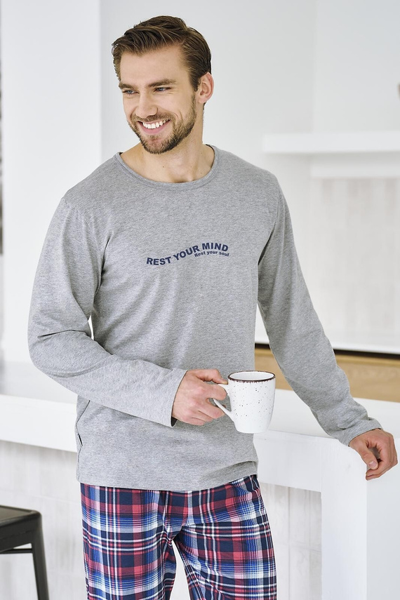 Мъжка пижама Franco 3478 Taro, сива - памук, дълъг ръкав, комфорт и стил