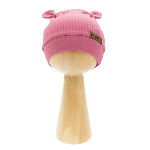 216054 Шапка Lala Nicol – оребрен памук с еластан, уши и нашивка Be happy