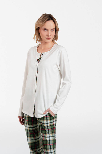 Asama Дамска пижама с разкопчани копчета, дълъг ръкав и дълъг панталон Италианска мода - екрю/принт