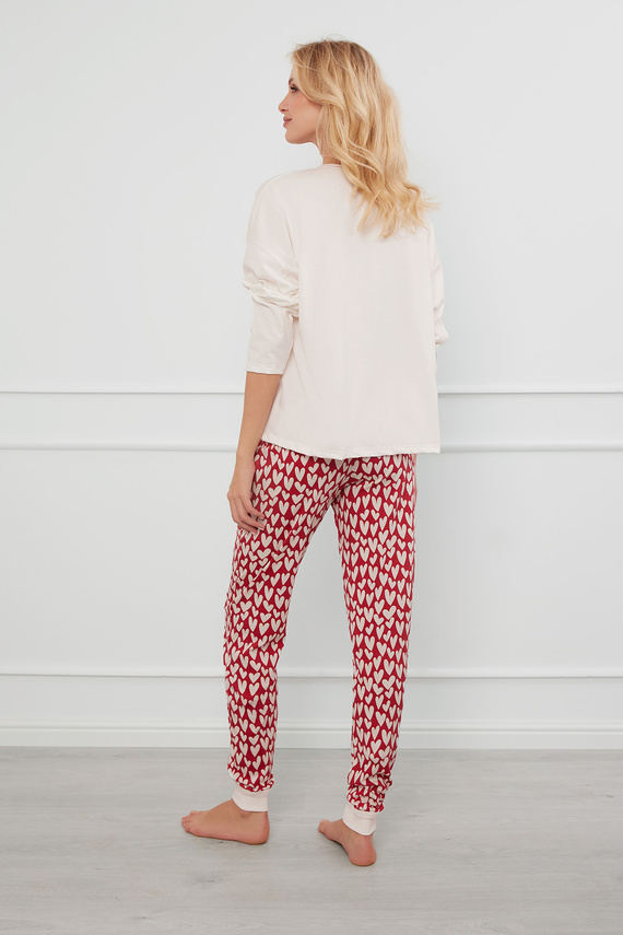 Evora Дамска пижама с дълъг ръкав и дълъг панталон Италианска мода - екрю/принт