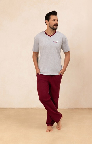 498 Мъжка памучна пижама Regina, сива – тениска с V-образно деколте + дълъг панталон