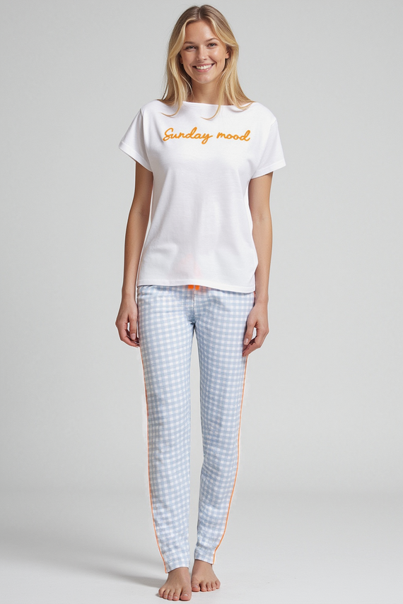 Dana Piżama damska Sorbetto niebieska  – bawełna 100%, krótki rękaw, spodnie w kratkę, komplet