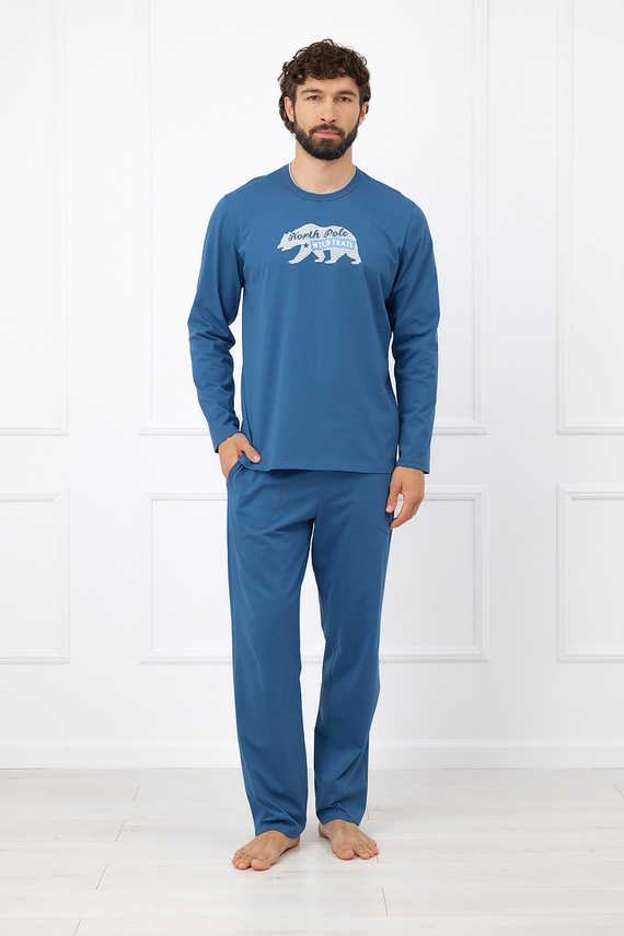 Мъжка пижама Italian Fashion Kasim 100% памук, дълга, с мече и джобове - дънкова