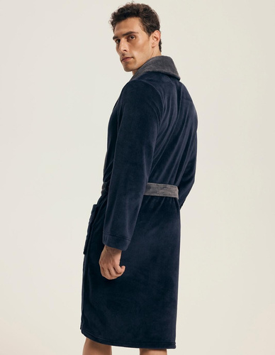 Мъжки халат Henderson 43378 Nocturn - тъмносин, с връзки на талията, мека плетка