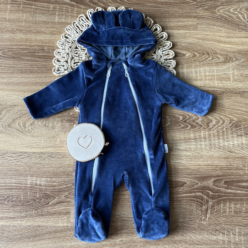 Mamatti VELVET KB009 дънков двуслоен бебешки гащеризон от памук с качулка и ушички