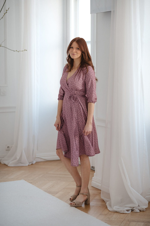 Рокля за бременни и кърмачки Milk Shake, 3/4 ръкав Milk&Love, лила на точки